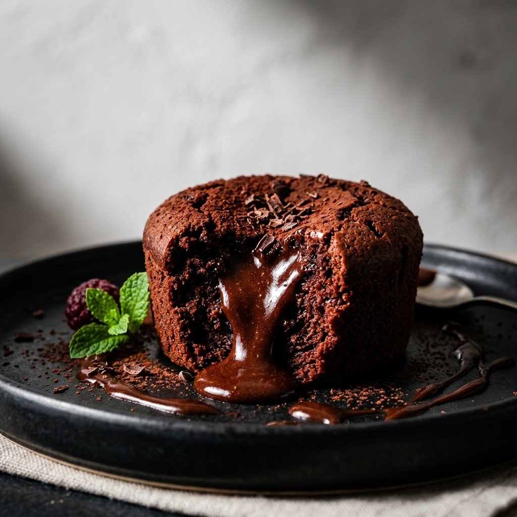 Decadent chocolate molten cake with glossy ganache — freshly baked, 100% eggless